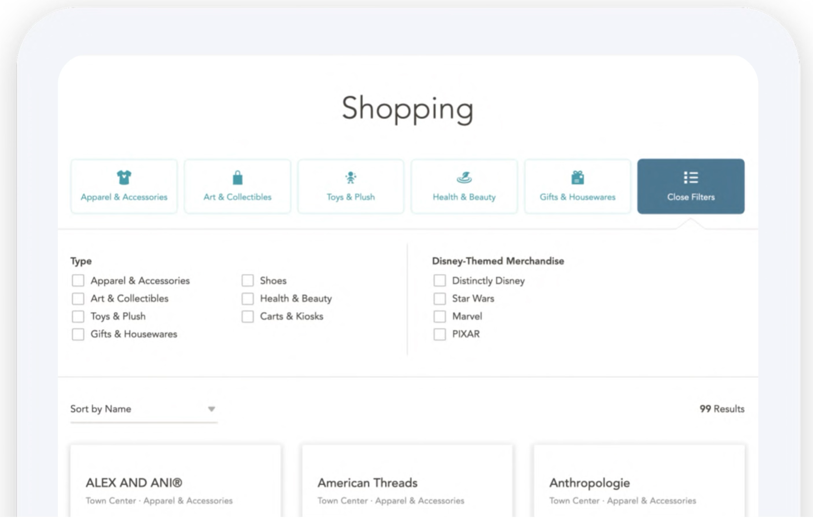 The redesigned Shopping page: top-level category icons, a faceted filter panel with checkboxes for type and Disney-themed merchandise, sort options, and a result count. Below, venue cards showing name, district, and category.