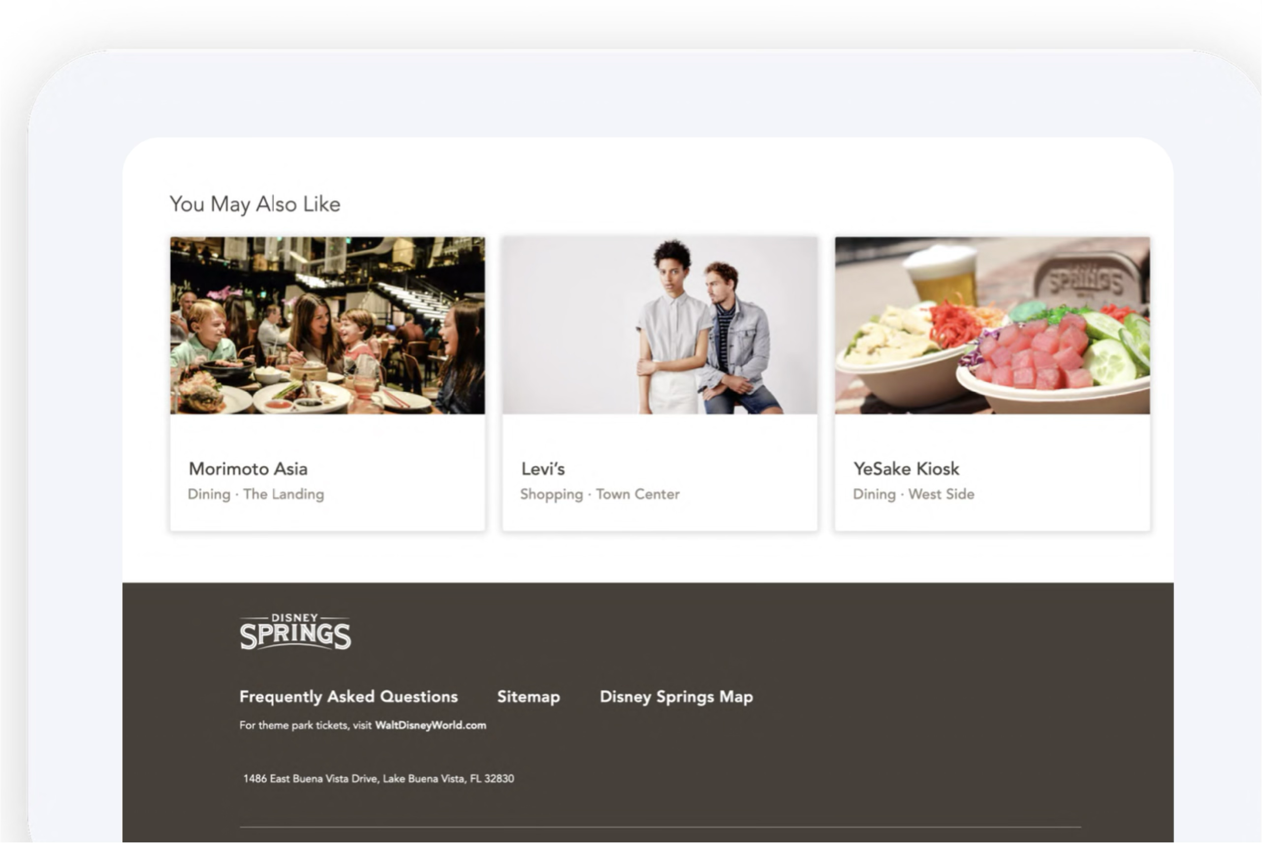 A 'You May Also Like' recommendation module at the bottom of a Disney Springs venue page: three cards showing Morimoto Asia (Dining, The Landing), Levi's (Shopping, Town Center), and YeSake Kiosk (Dining, West Side).