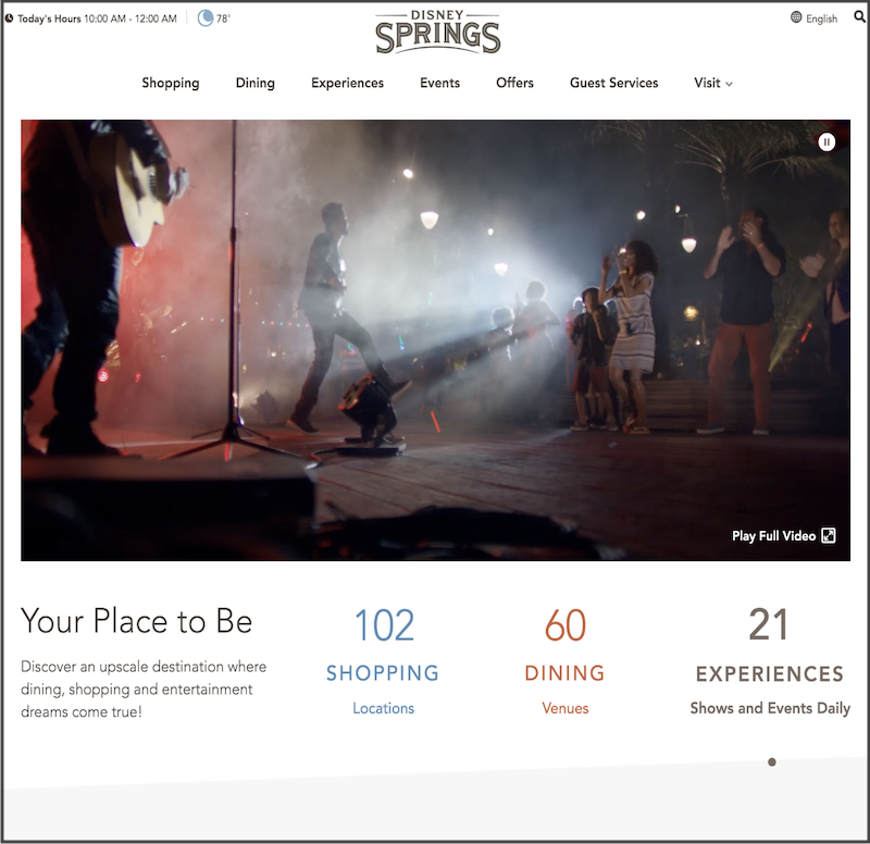 The redesigned DisneySprings.com homepage: an editorial layout with image-led tiles for shopping, dining, and experiences, internal storytelling for new venue openings, and clear pathways into the rest of the site.