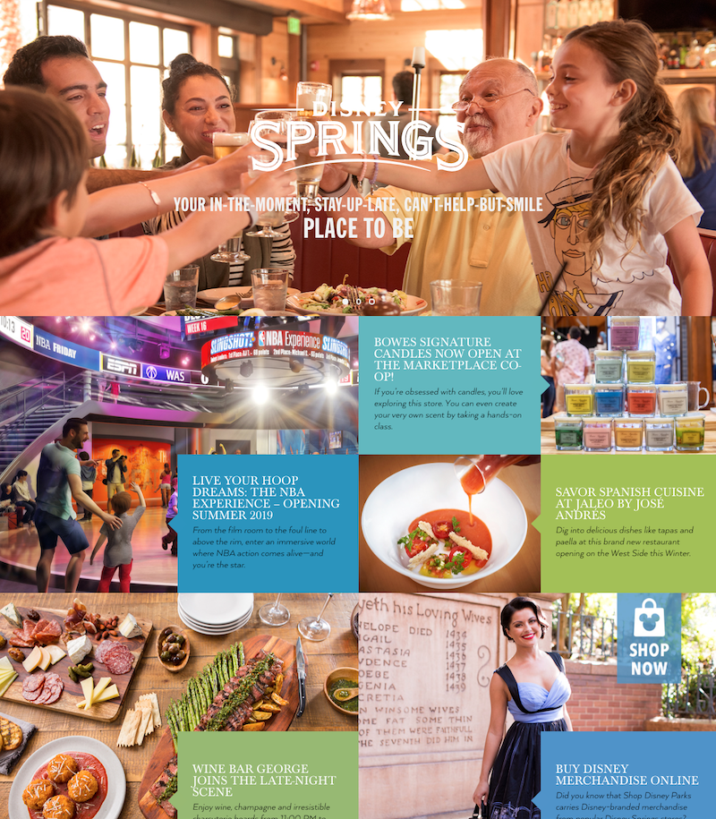 The original DisneySprings.com homepage: a video hero, a tagline 'Your Place to Be,' and three top-level stats (102 shopping, 60 dining, 21 experiences). Minimal entry points into the rest of the site.