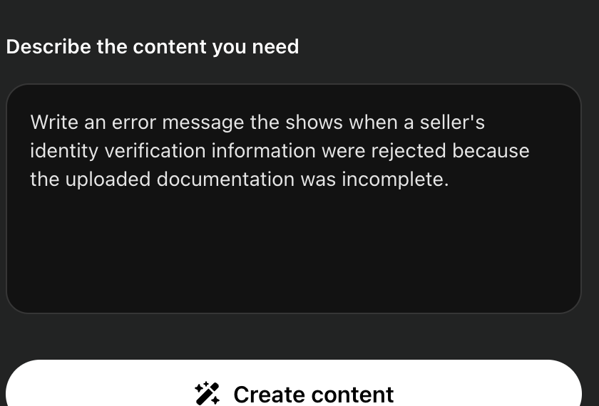 The Content Coach prompt input, a clean field for describing what content is needed, with a 'Create content' button.