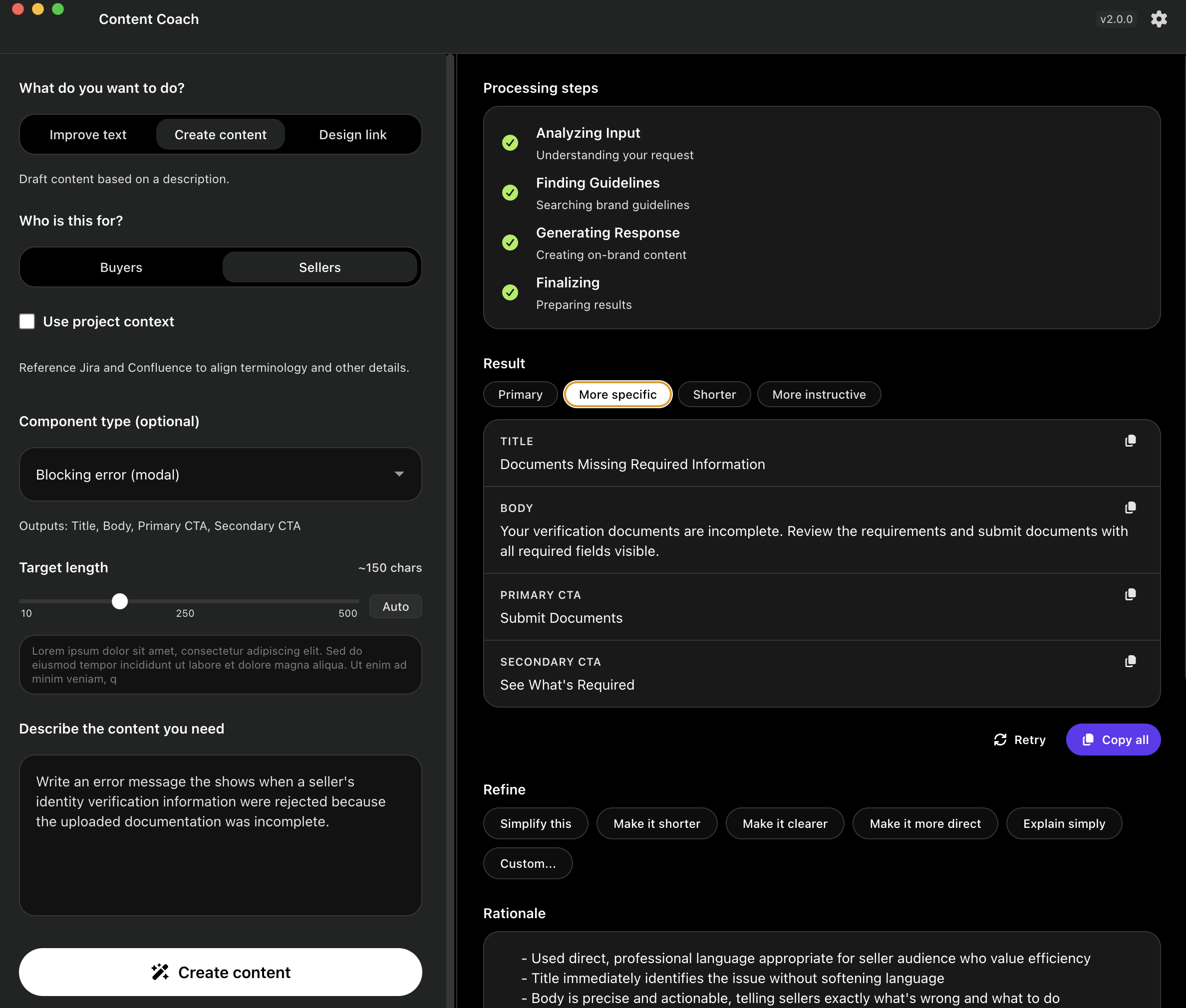 Content Coach — TCGplayer's AI-powered Content Design tool. Input panel on the left with function picker, audience selector, project context, component type, length, and prompt; output panel on the right showing processing steps, the generated content, refinement variants, and rationale.