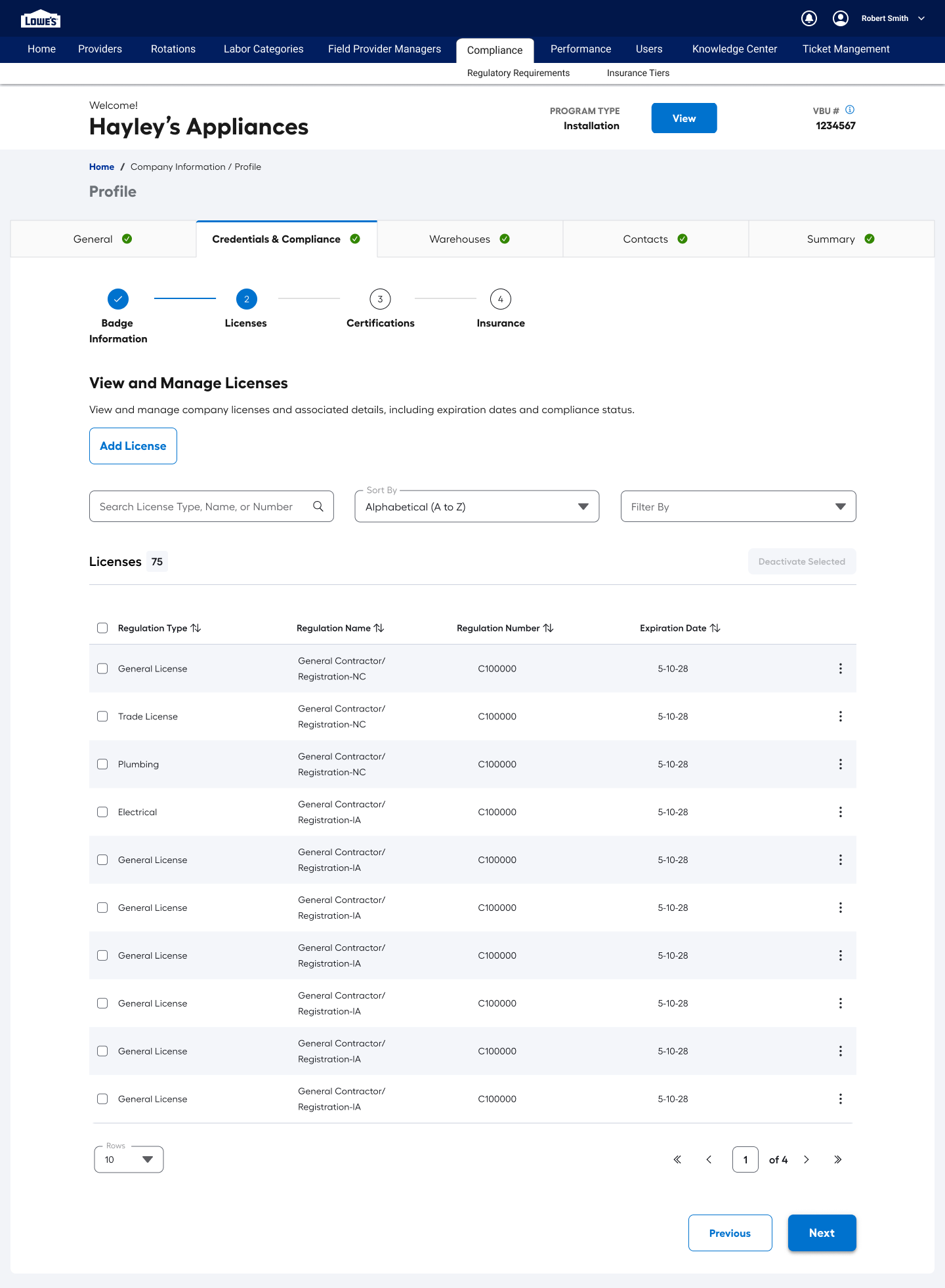 The compliance and licenses page in the onboarding tool. Top-level tabs (General, Credentials and Compliance, Warehouses, Contacts, Summary), a step indicator (Badge Information, Licenses, Certifications, Insurance), a breadcrumb, and a paginated table of regulations with sort and filter controls.
