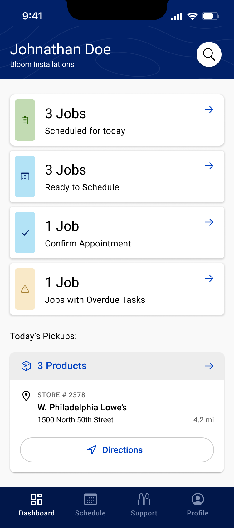 The PROviders mobile app dashboard. A field contractor's daily view: jobs scheduled for today, jobs ready to schedule, appointments to confirm, overdue tasks, and today's product pickups from the local Lowe's store.