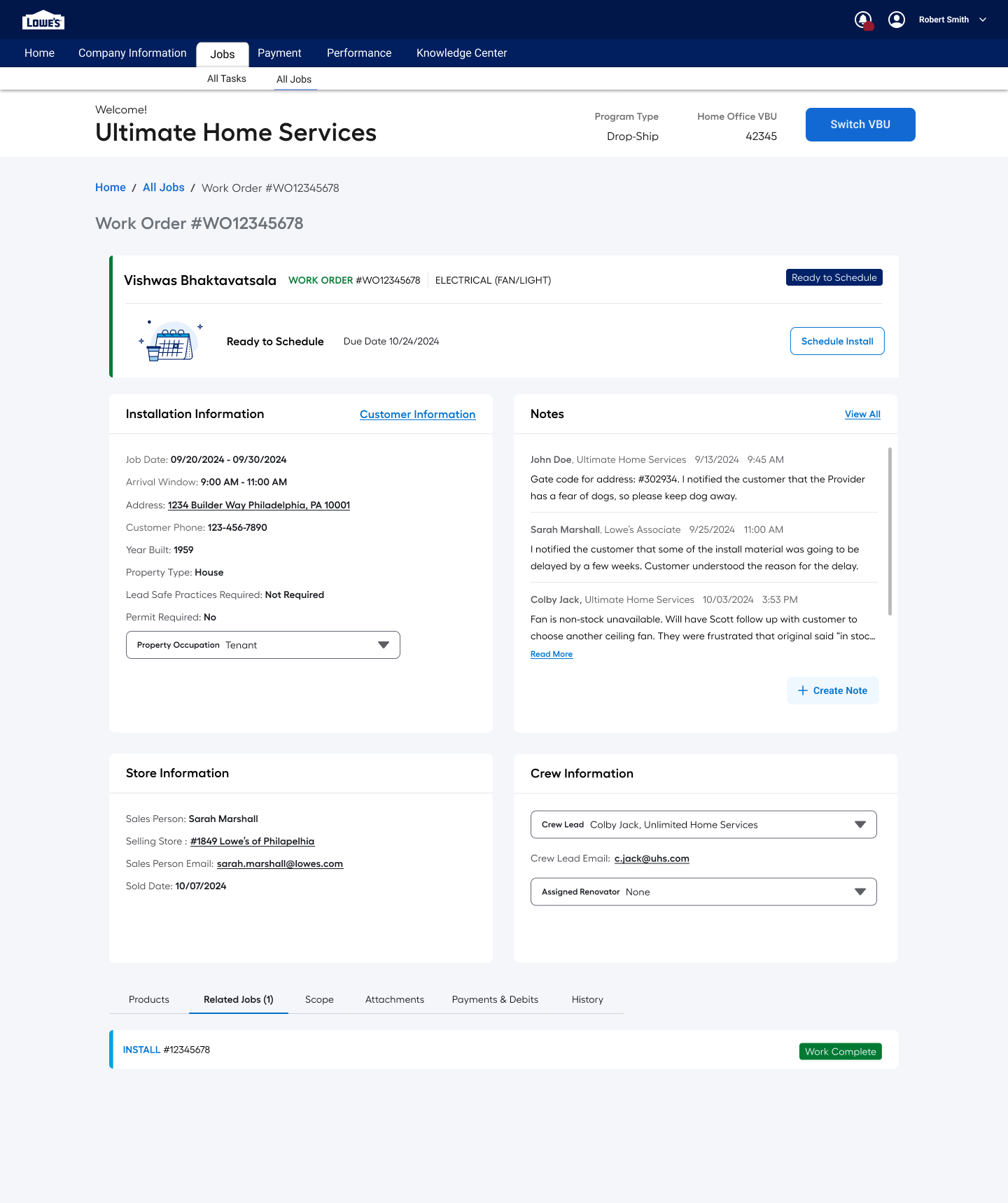 A work order detail page in the Vendor Gateway desktop platform. Sections for installation information, customer information, notes, store information, crew information, products, related jobs, scope, attachments, and history. Dense, structured content.