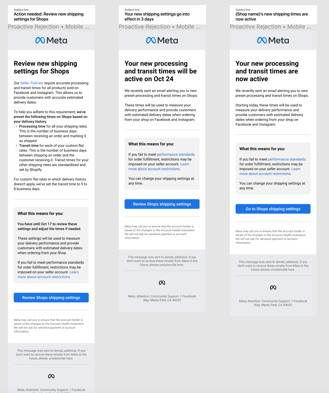 Three Meta seller emails — action needed, 3-day reminder, settings now active.