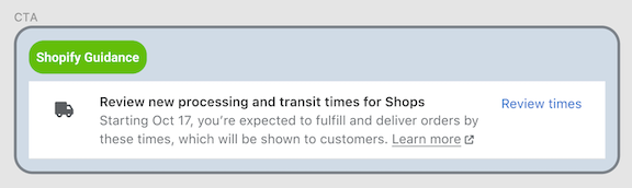A Shopify Guidance in-app card prompting sellers to review new processing and transit times for Shops.