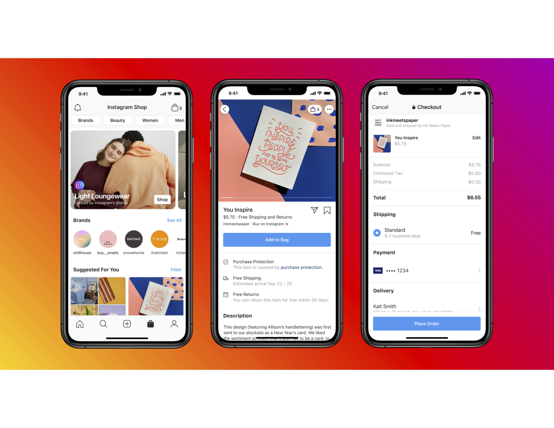 Meta commerce experiences across three iPhone screens — product detail, browse, and checkout — showing where delivery dates surface in the buyer flow.