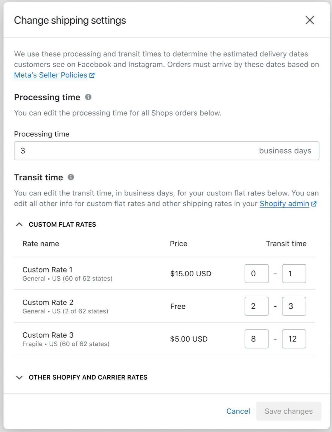The Meta Business Suite shipping settings panel where sellers configure processing and transit times that drive estimated delivery dates.